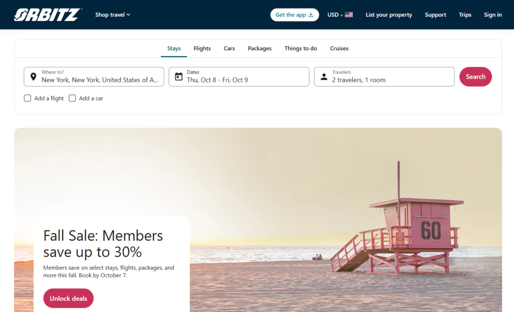 Orbitz homepage